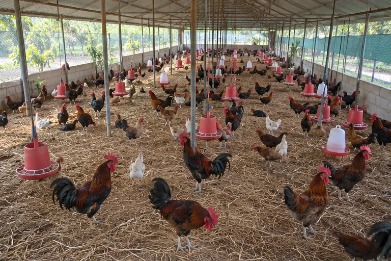 AI-generated illustrative camera view: Roosters and hens inside a poultry shed